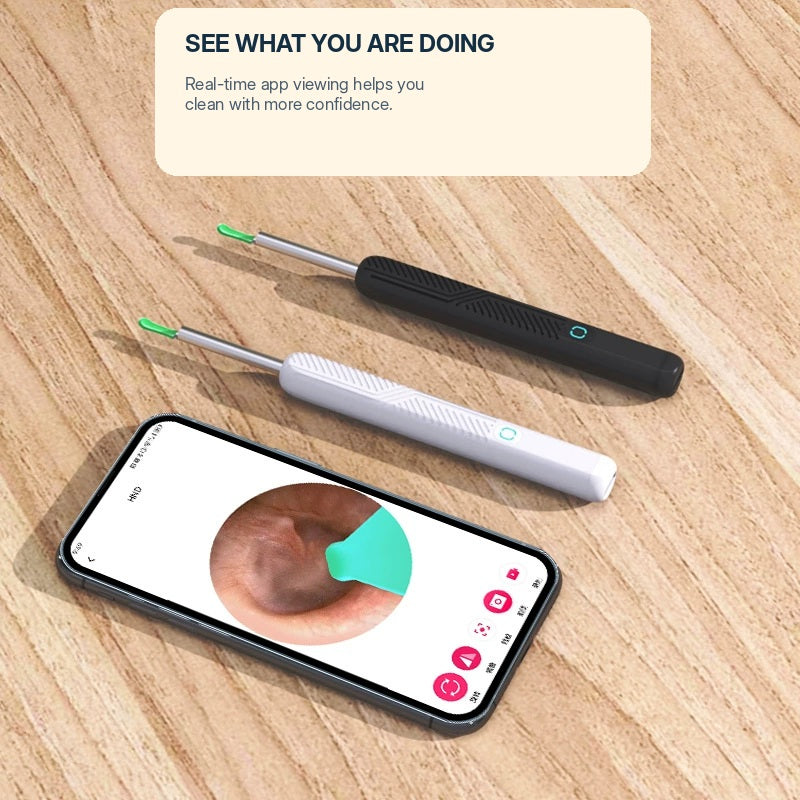 Visual ear cleaner next to a phone showing the live ear camera view