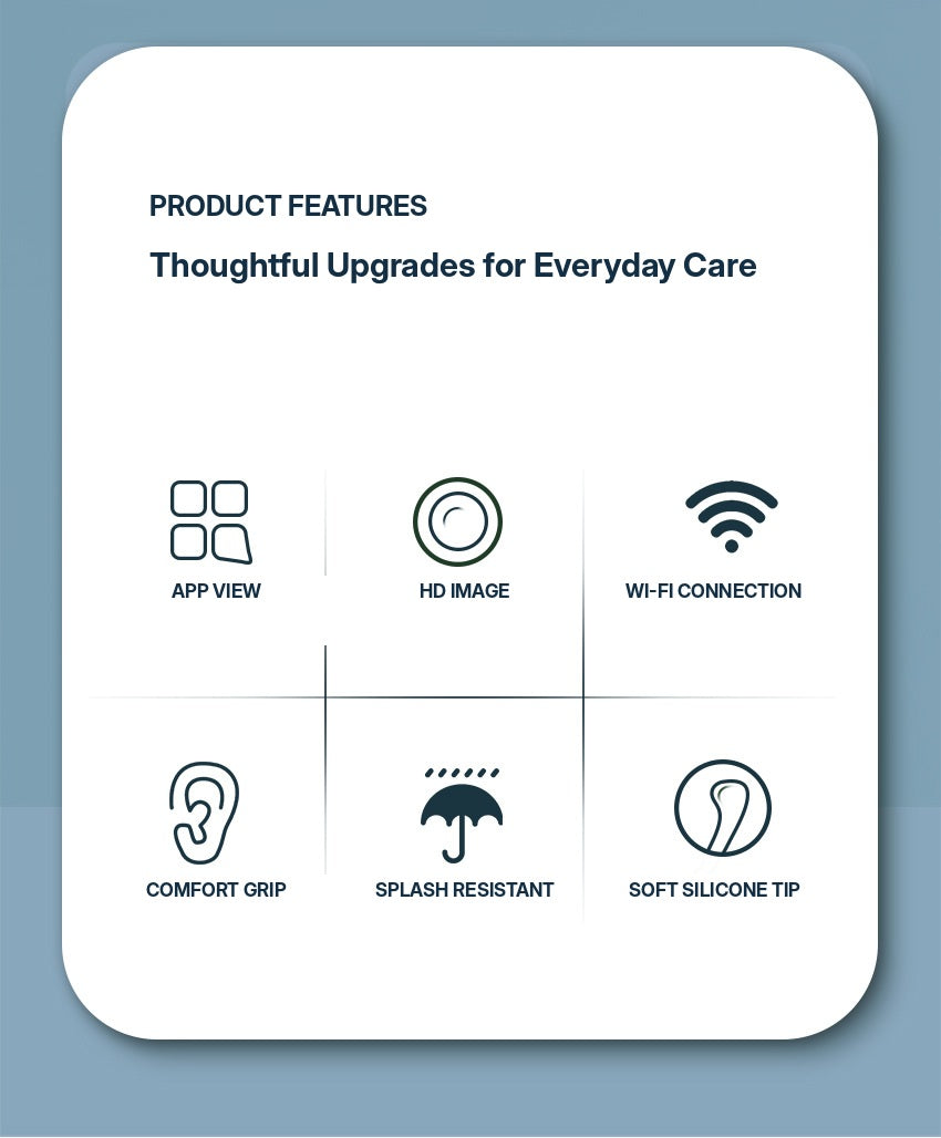 Product features: app view, HD image, Wi-Fi connection, comfort grip, splash resistant, soft silicone tip