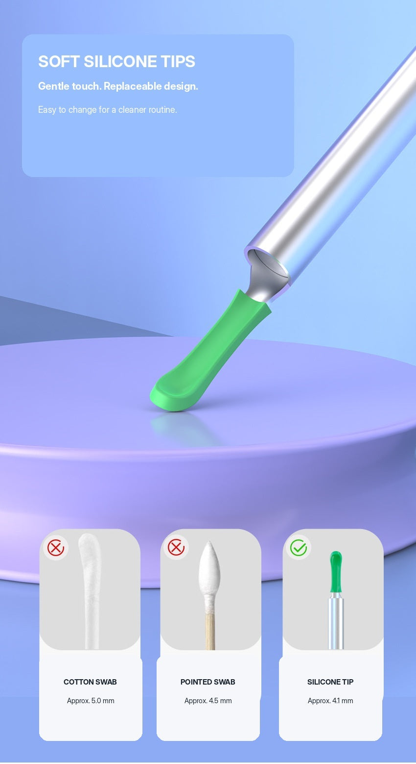 Soft green silicone tip compared with cotton swab and pointed swab sizes