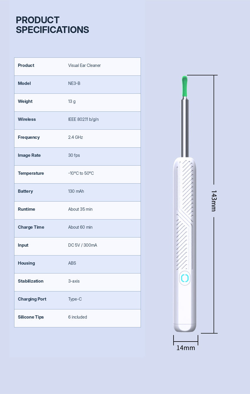 Product specifications and dimensions of the visual ear cleaner