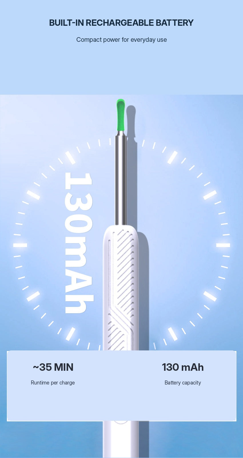 Built-in 130 mAh rechargeable battery