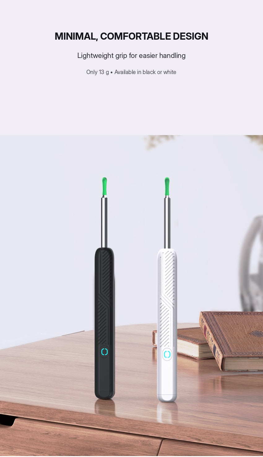 Black and white visual ear cleaners standing on a wooden table