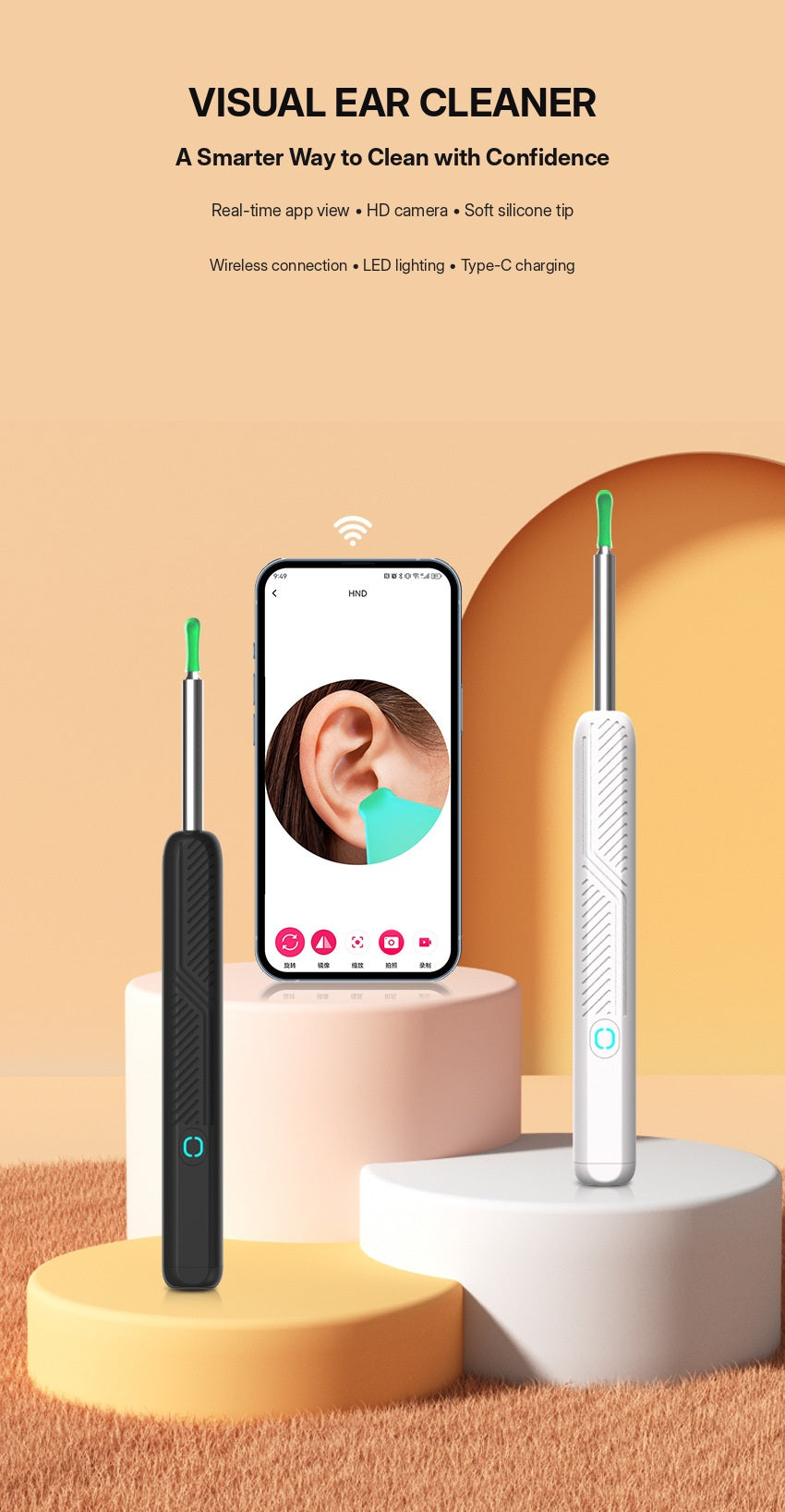 Visual ear cleaner in black and white with phone app view